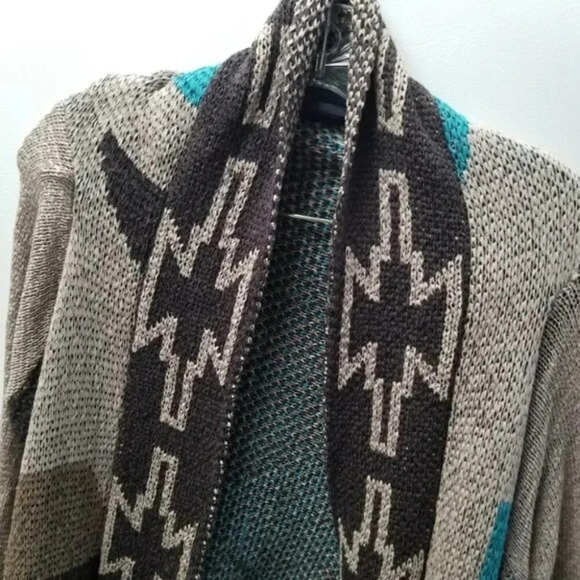 Line The Label Aztec  Woven Knit Cotton Drape Open Front Cardigan L - Picture 3 of 10